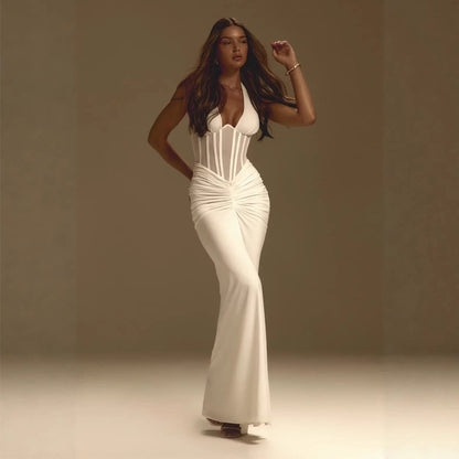 Herringbone halter neck evening gown sexy backless ruched bodycon dress for women