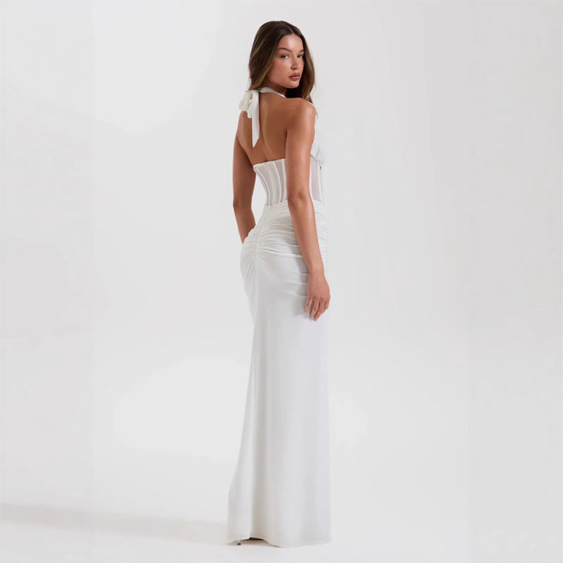 Herringbone halter neck evening gown sexy backless ruched bodycon dress for women