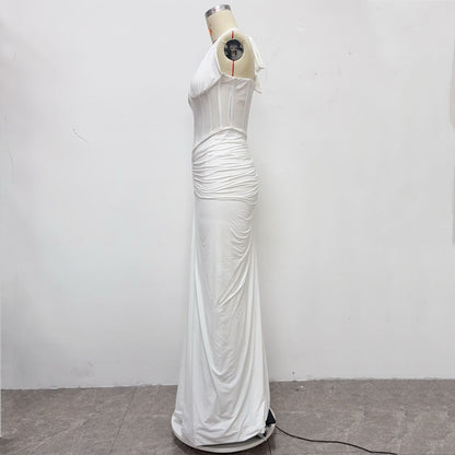 Herringbone halter neck evening gown sexy backless ruched bodycon dress for women