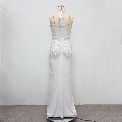 Herringbone halter neck evening gown sexy backless ruched bodycon dress for women