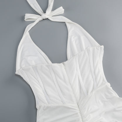 Herringbone halter neck evening gown sexy backless ruched bodycon dress for women