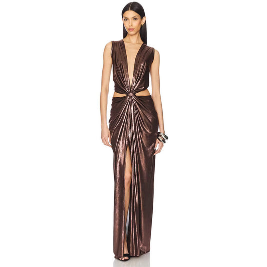Stylish evening gown with  glossy ruched sexy party dress