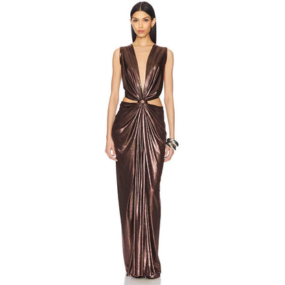 Stylish evening gown with  glossy ruched sexy party dress