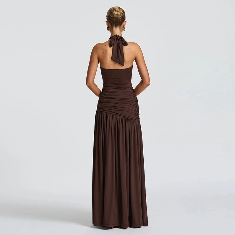 Elegant Halter Backless Maxi Dress Woman Ruched Drop Waist Long Dress