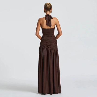 Elegant Halter Backless Maxi Dress Woman Ruched Drop Waist Long Dress