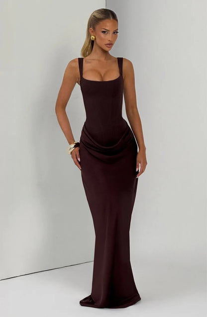 Brown Pleated Evening Dress – Elegant Sleeveless Slim Fit Formal Dress