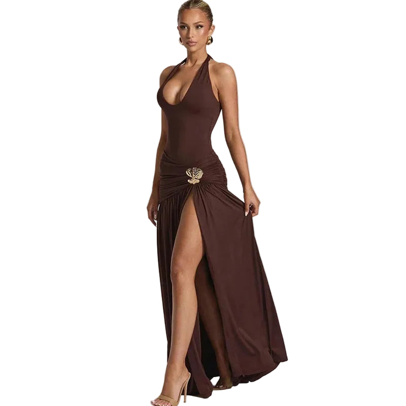 Elegant Halter Backless Maxi Dress Woman Ruched Drop Waist Long Dress