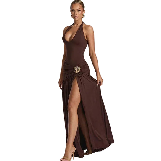 Elegant Halter Backless Maxi Dress Woman Ruched Drop Waist Long Dress