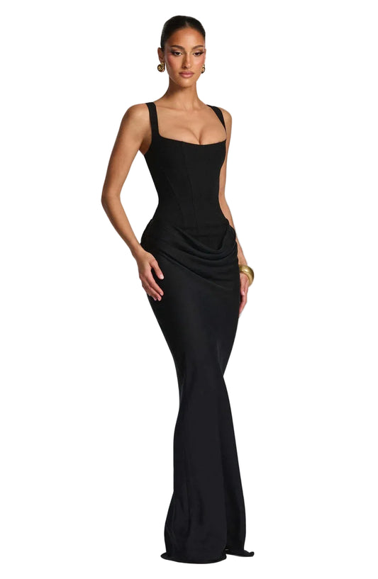 Black Pleated Evening Dress – Elegant Sleeveless Slim Fit Formal Dress