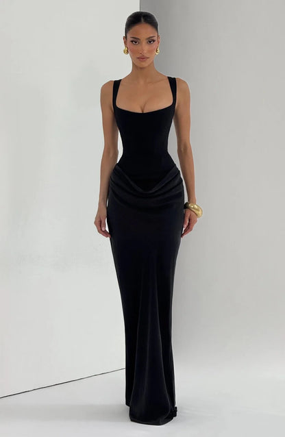 Black Pleated Evening Dress – Elegant Sleeveless Slim Fit Formal Dress