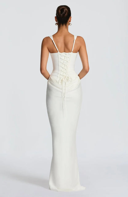 White Pleated Evening Dress – Elegant Sleeveless Slim Fit Formal Dress